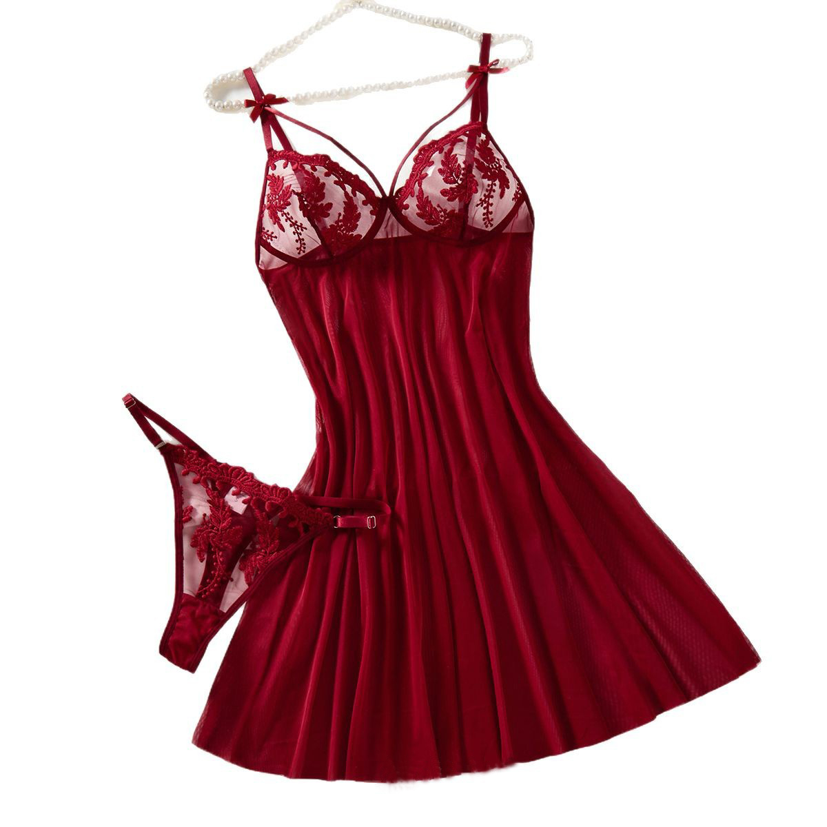 Embroidery Red - Винно-красная женская ночная рубашка в деревенском