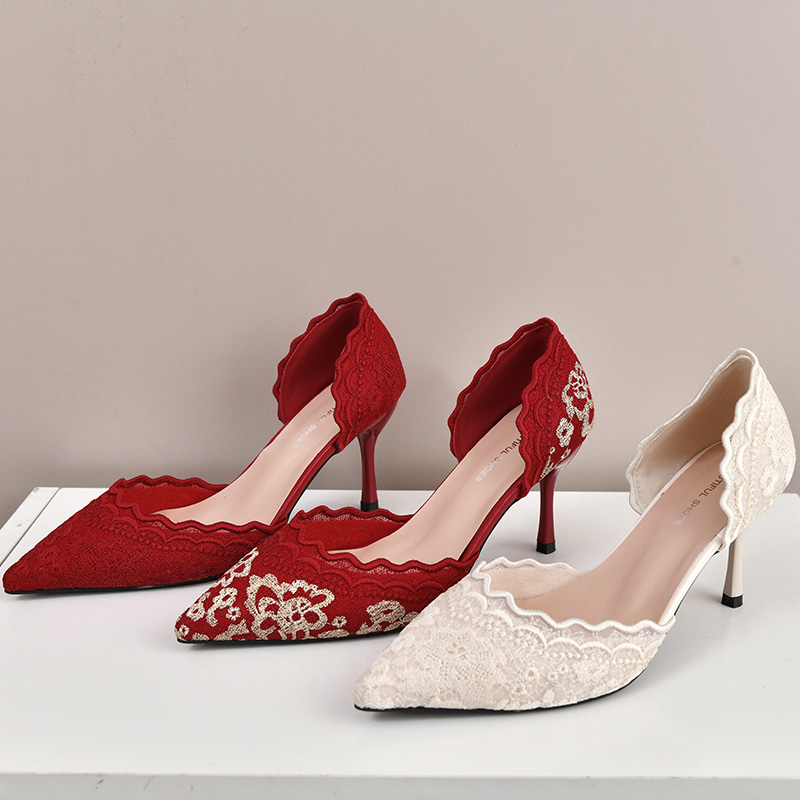 Embroidery Red - Роскошные красные, белые кружевные туфли для