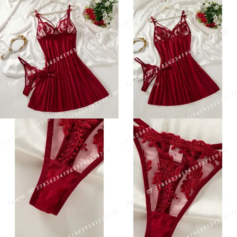 Embroidery Red - Винно-красная женская ночная сорочка в деревенском